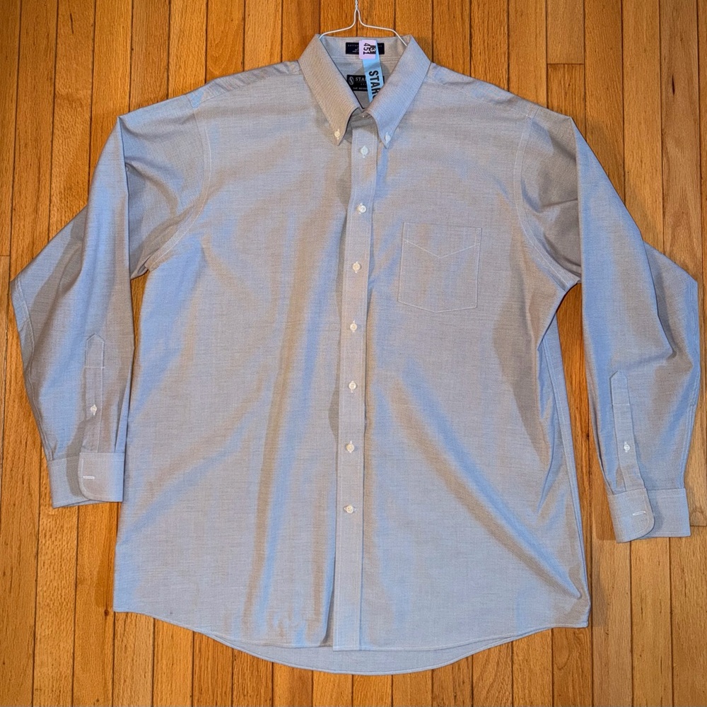 Men’s Stafford Button down Shirt Heather Green Neck 19” 36/37 Cotton Polyester